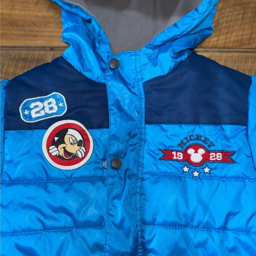 Disney Mickey Mouse Kids Blue Puffer Coat Patches Full Zip Hooded Size 4